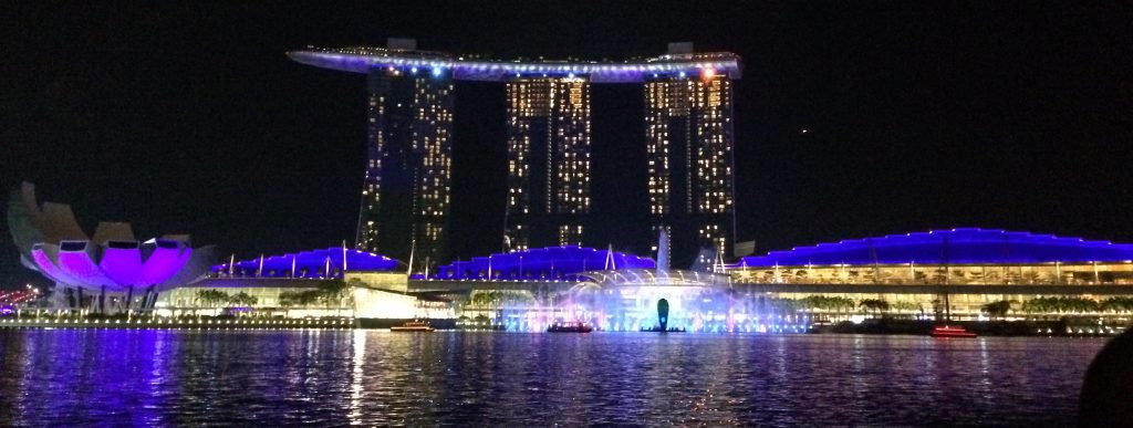 Marina Bay Sands reaches nearly 200 metres and features 3 cascading hotel towers.